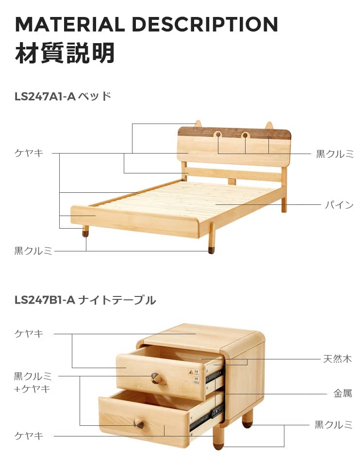ベッドとナイトテーブルの材質