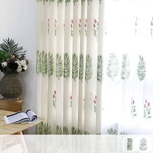 爽やかな針葉と花柄の糸刺繍セットカーテン